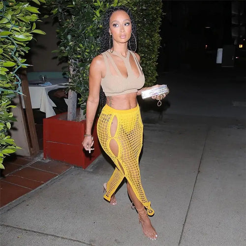 Crochet Knitted Long Hollow Out Split Maxi Skirt - Yellow