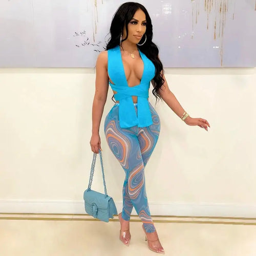 Crop Top and Printed Leggings Matching Clubwear Set - two