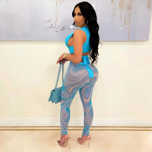 Crop Top and Printed Leggings Matching Clubwear Set - two