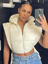 Load image into Gallery viewer, Cropped Puffer Vest Zip Up Sleeveless Hoodie - Beige / S