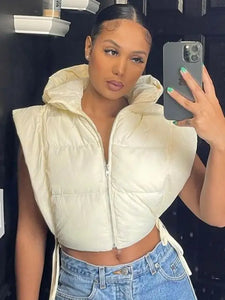 Cropped Puffer Vest Zip Up Sleeveless Hoodie - Beige / S