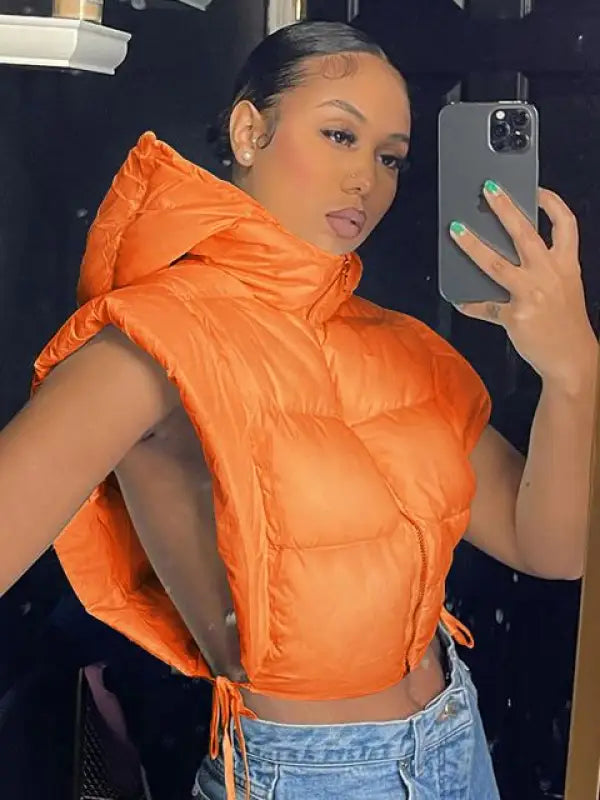 Cropped Puffer Vest Zip Up Sleeveless Hoodie - Orange / L