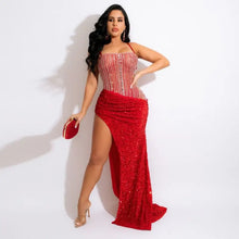 Load image into Gallery viewer, Crystal Rhinestone Sequins Robe High Split Maxi Dress