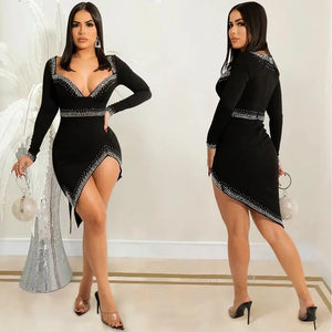 Crystal Rhinestone Side Slit Bodycon Mini Dress - dress