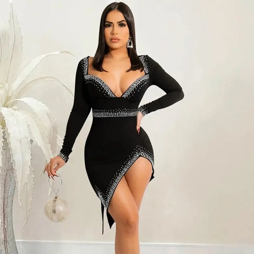 Crystal Rhinestone Side Slit Bodycon Mini Dress - dress