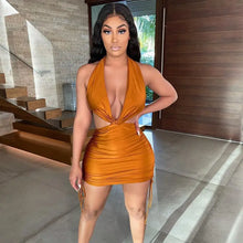 Load image into Gallery viewer, Cut Out Drawstring Halter Backless Bodycon Dress - dress