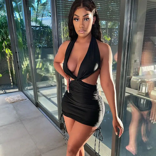 Cut Out Drawstring Halter Backless Bodycon Dress - dress