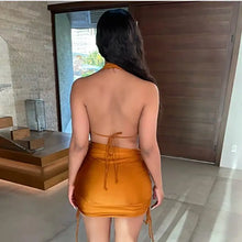 Load image into Gallery viewer, Cut Out Drawstring Halter Backless Bodycon Dress - dress