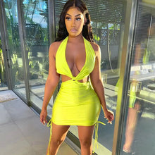 Load image into Gallery viewer, Cut Out Drawstring Halter Backless Bodycon Dress - green