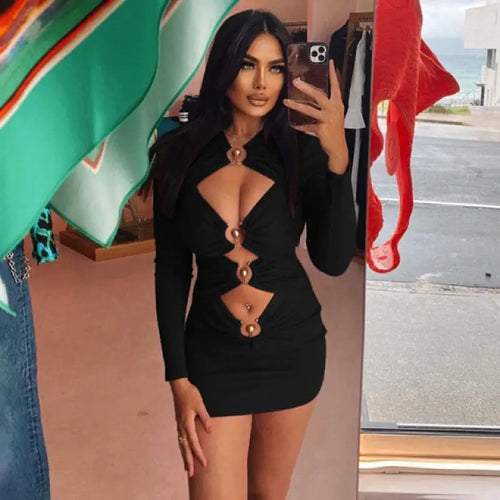 Cut Out Long Sleeve Ribbed Knitted Dress