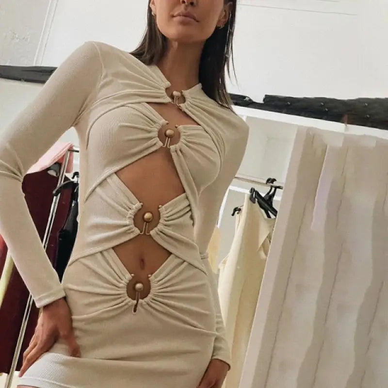 Cut Out Long Sleeve Ribbed Knitted Dress - apricot / L