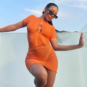 Cut Out Short Sleeve Mesh See Through Bodycon Dress
