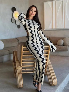 Cut Out Wave Knitted Maxi Dress - M / Stripe