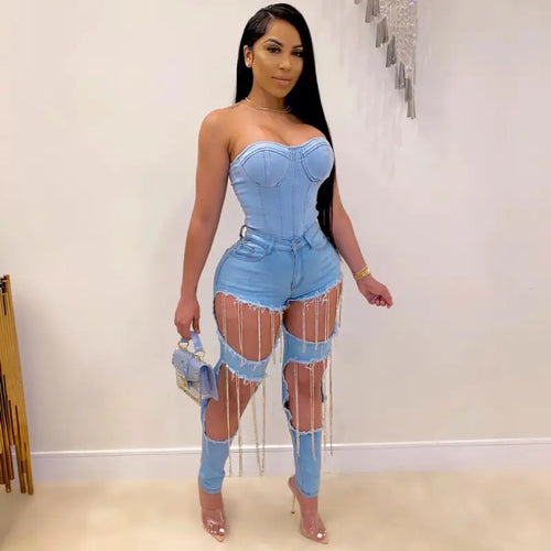 Cutout Studded Tassel Design Denim Pants - Blue / XL