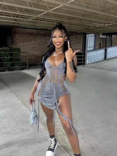 Dark Gray Hollow Out Bandage Mini Dress
