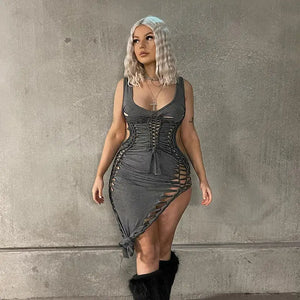 Dark Gray Hollow Out Bandage Mini Dress