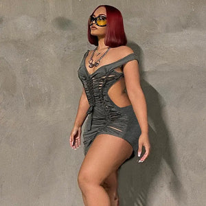Dark Gray Hollow Out Bandage Mini Dress