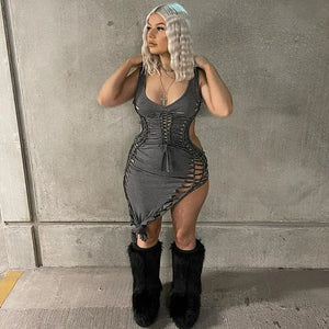 Dark Gray Hollow Out Bandage Mini Dress