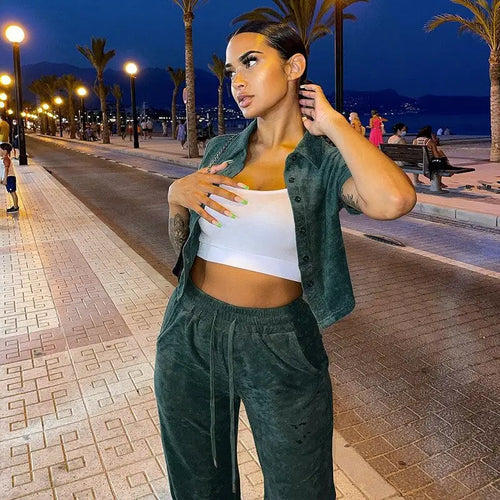 Dark Green Velvet Cardigan Crop Top & Sweatpants