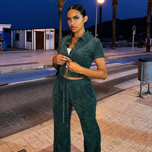 Load image into Gallery viewer, Dark Green Velvet Cardigan Crop Top &amp; Sweatpants