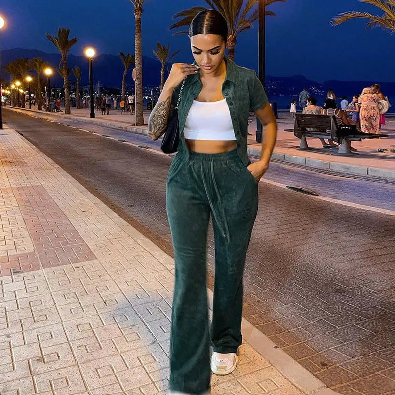 Dark Green Velvet Cardigan Crop Top & Sweatpants - L