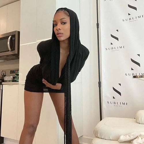 Deep V Neck Casual Straight Black Short Dress