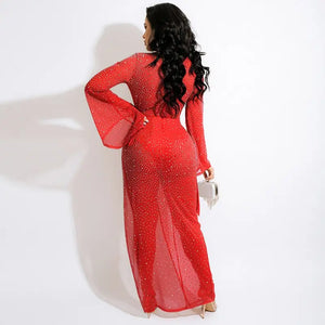 Deep V Neck Flare Sleeve Slit Stretch See Through Dress