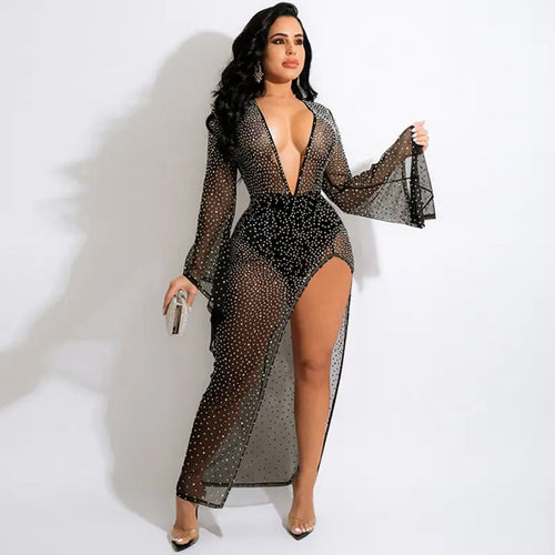 Deep V Neck Flare Sleeve Slit Stretch See Through Dress