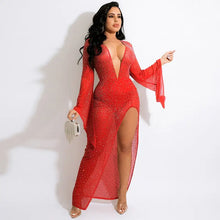 Load image into Gallery viewer, Deep V Neck Flare Sleeve Slit Stretch See Through Dress