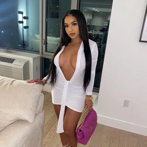 Deep V Neck Long Sleeve Club Dress - white / M