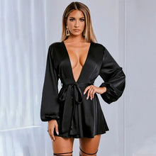 Load image into Gallery viewer, Deep V Neck Stain A-line Short Dress