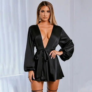 Deep V Neck Stain A-line Short Dress