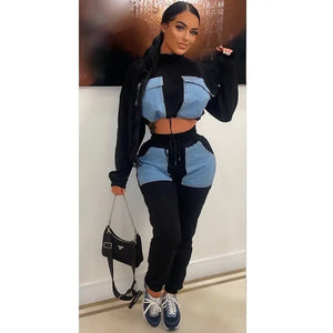 Denim Patchwork Short Sleeve Top & Shorts - two piece
