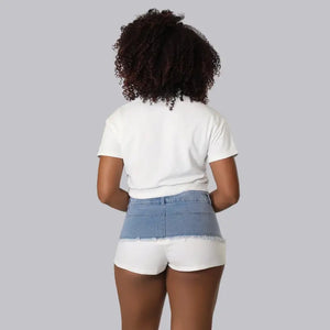 Denim Patchwork Short Sleeve Top & Shorts - two piece