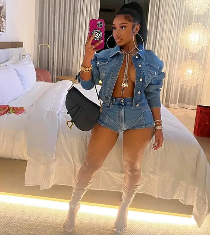 Denim Y2K Crop Top Set - S / Blue