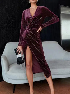 Detail Glitter Velvet wrap Midi Dress - Claret / S - dress