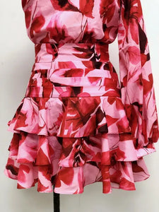 Diagonal Collar Long Sleeve Floral Mini Dress - dress