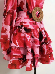Diagonal Collar Long Sleeve Floral Mini Dress - dress