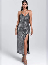 Load image into Gallery viewer, Diamond Halter Sleeveless Sequined Folds Maxi Dress - dress