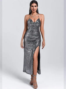 Diamond Halter Sleeveless Sequined Folds Maxi Dress - dress