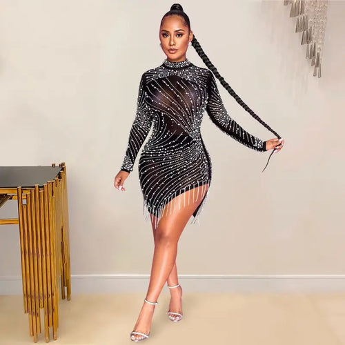 Diamond O-neck Long Sleeve Mini Dress - dress