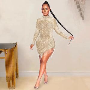 Diamond O-neck Long Sleeve Mini Dress - Khaki / XXL - dress