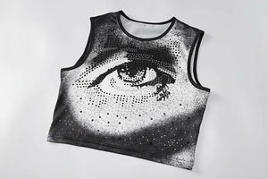 Diamond Print Y2K O Neck Sleeveless Crop Top