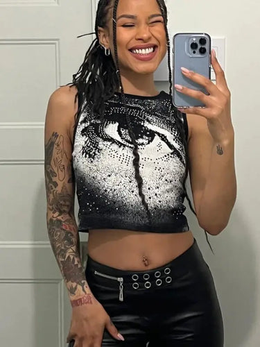 Diamond Print Y2K O Neck Sleeveless Crop Top