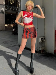 Diamond Print Y2K O Neck Sleeveless Crop Top
