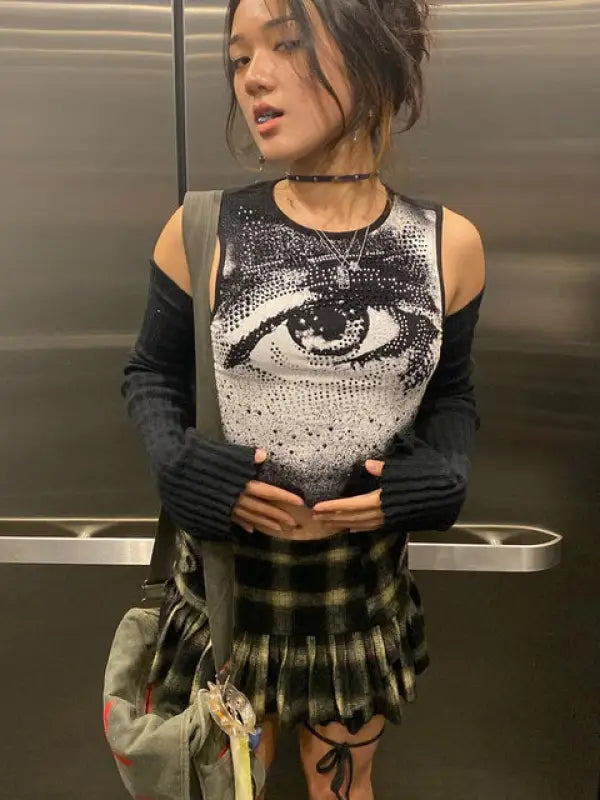 Diamond Print Y2K O Neck Sleeveless Crop Top - black / S
