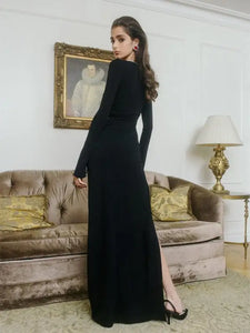 Diamond Square Collar Long Sleeve Slim Maxi Dress - dress