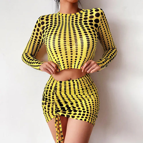 Dot Print Mesh O Neck Long Sleeve Two Piece Set - two piece