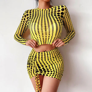 Dot Print Mesh O Neck Long Sleeve Two Piece Set - two piece