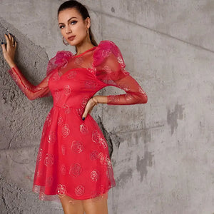 Double Crazy Contrast Mesh Gigot Sleeve Floral Sequins